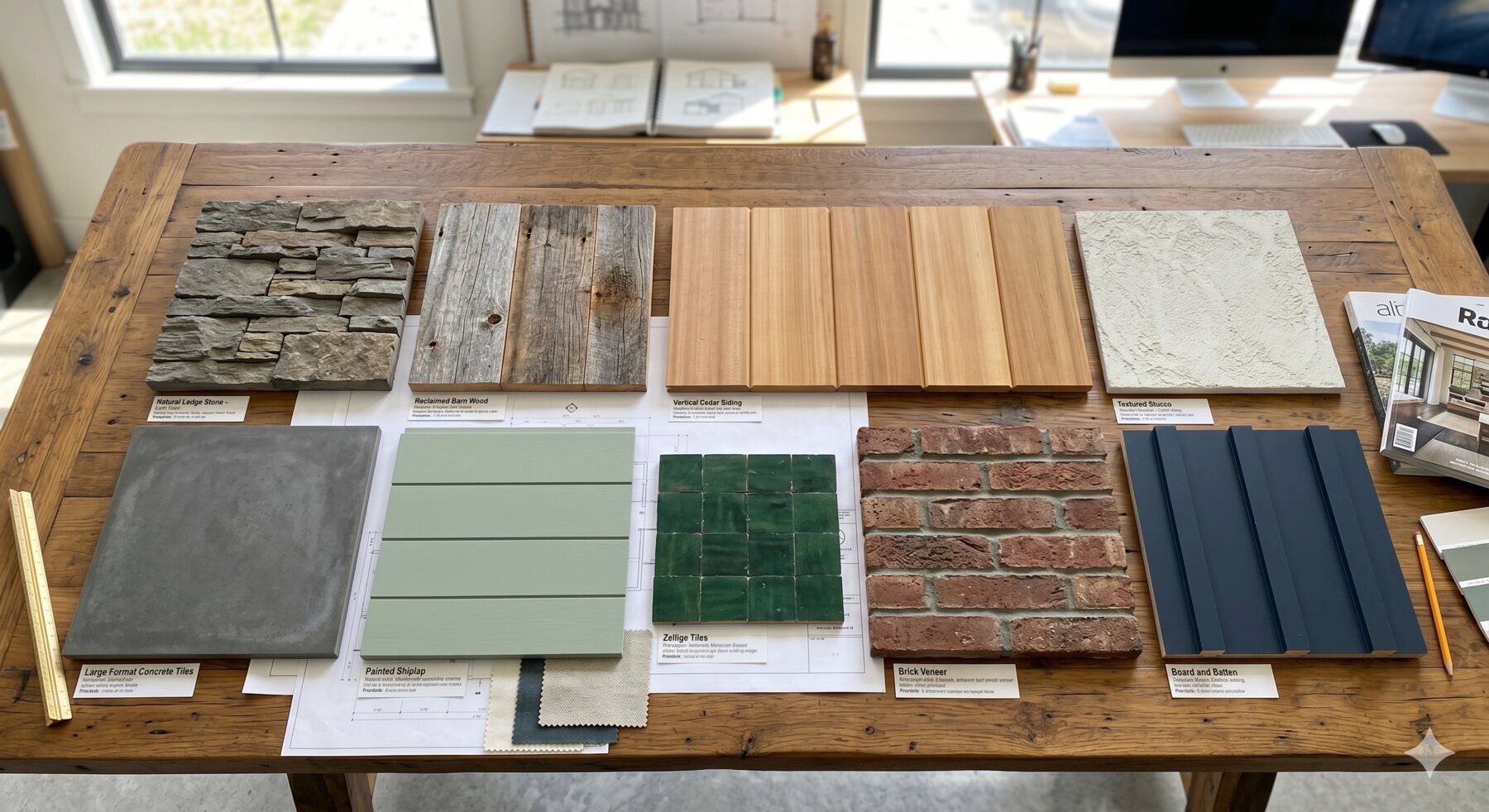 Hand-selected materials and finishes for a Breman custom home — natural stone, cedar, brick and tile